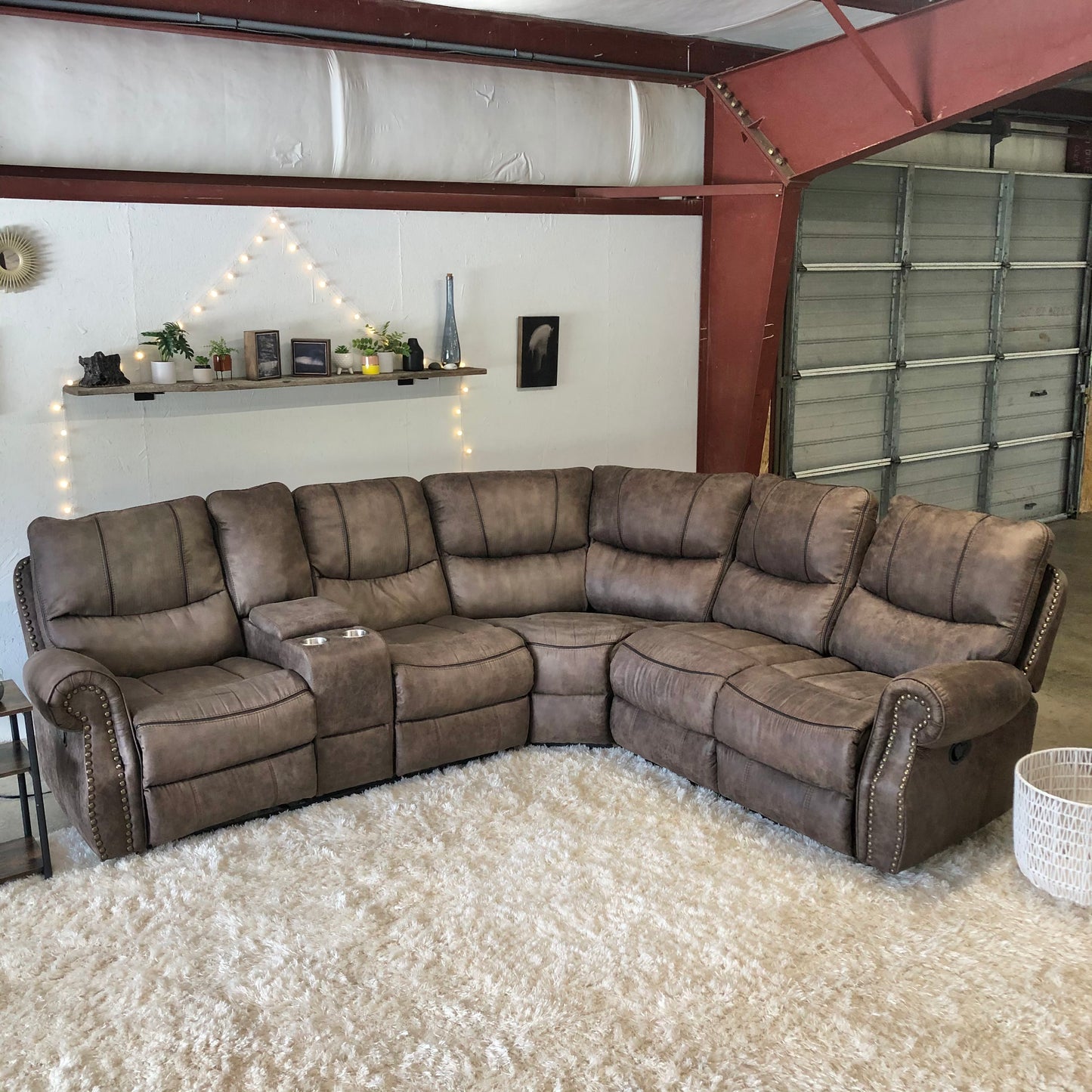 Studded Reclining Sectional w/ console outlets - Delivery Available