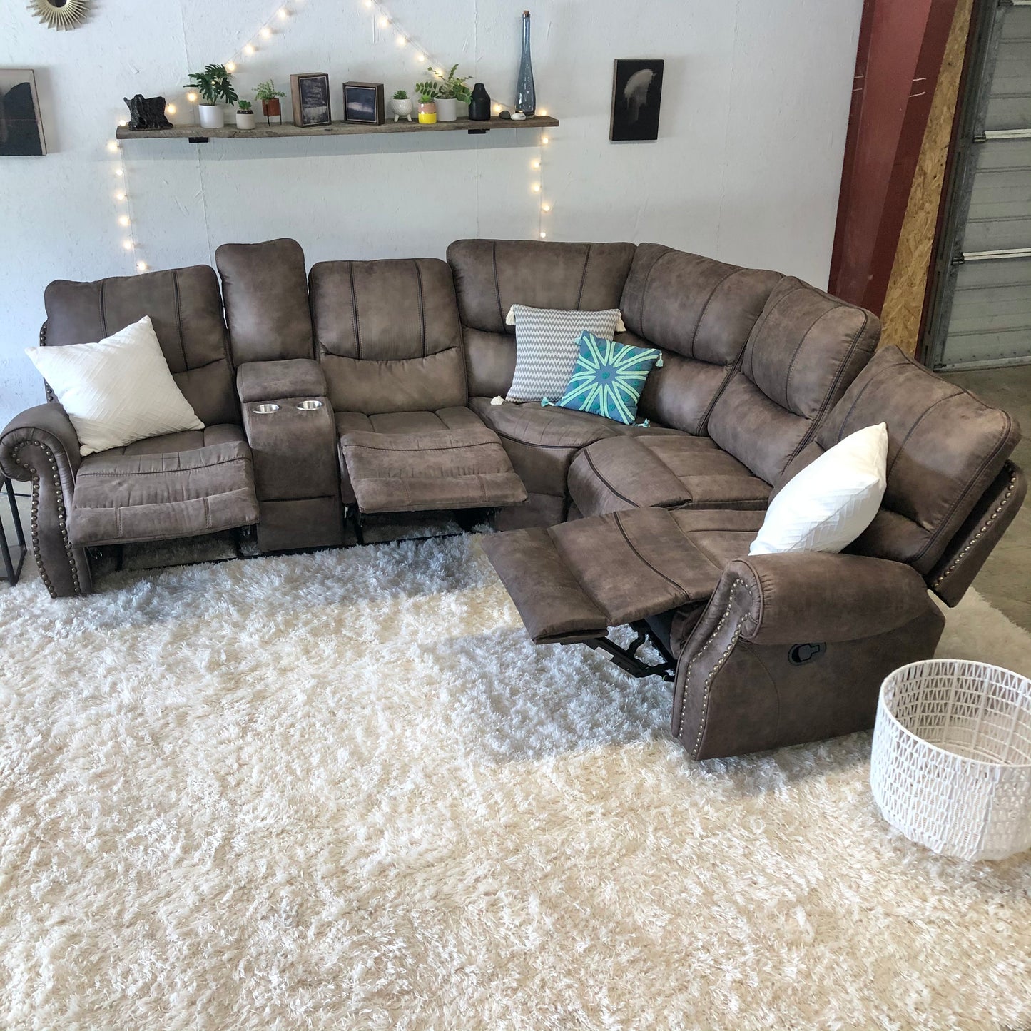 Studded Reclining Sectional w/ console outlets - Delivery Available