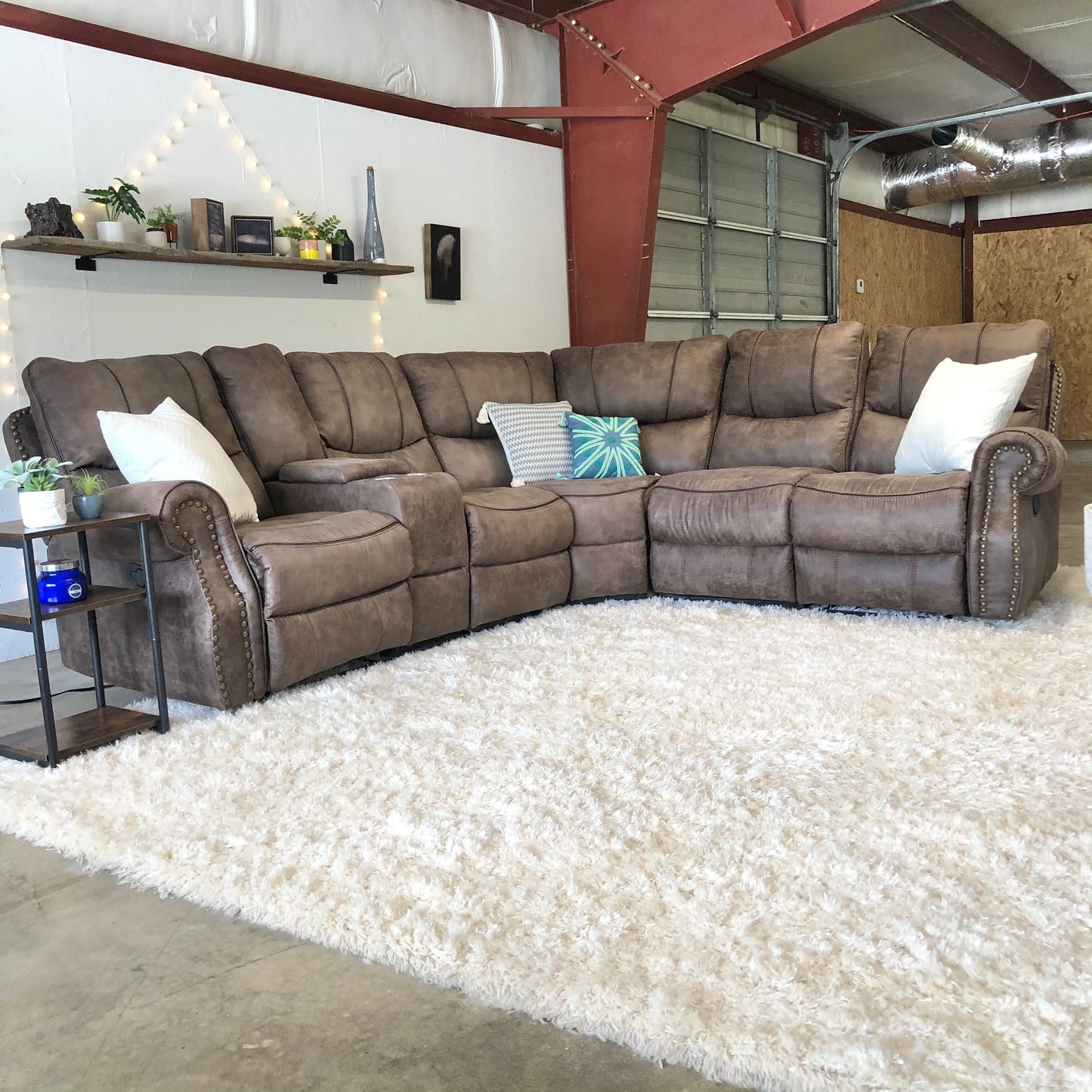 Studded Reclining Sectional w/ console outlets - Delivery Available