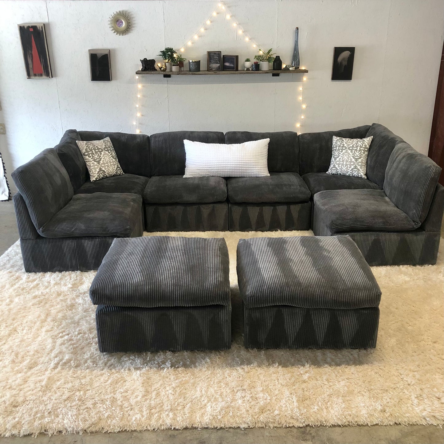 Gray Corduroy Modular Couch with 2 Ottomans- Delivery Available